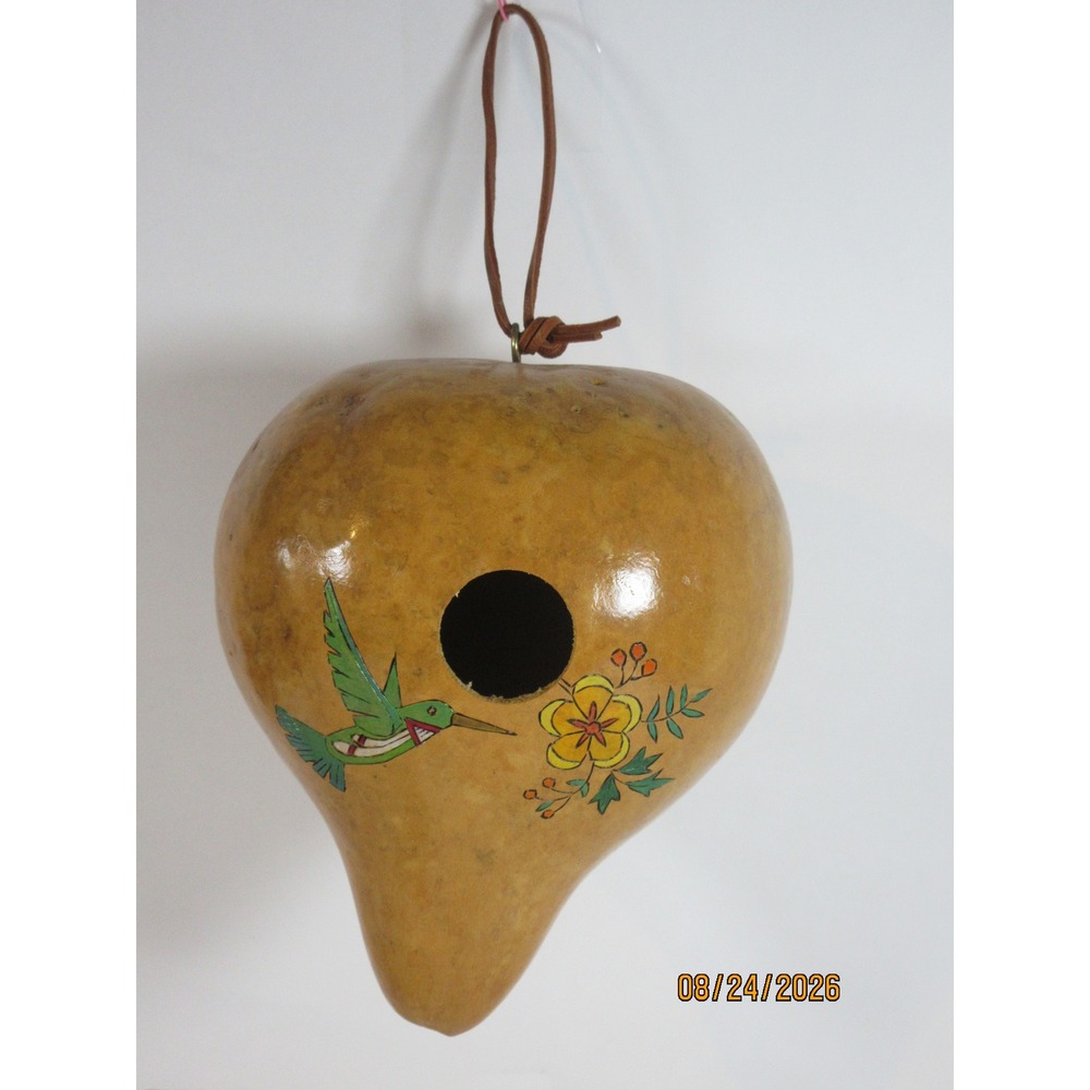 Hand Painted Dried Gourd Birdhouse Hummingbird Floral Design Natural Garden Art
